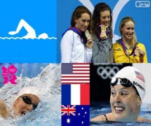 Puzzle Πόντιουμ 200 μέτρων κολύμβηση στυλ ελεύθερη θηλυκό, Allison Schmitt (Ηνωμένες Πολιτείες), Camille Muffat (Γαλλία) και Μπάρατ Bronte (Αυστραλία) - London 2012-